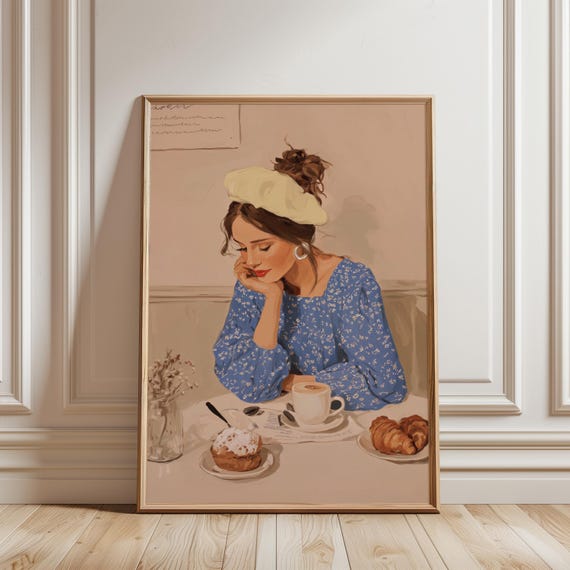 Vintage Parisian Woman Art Feminine Portrait French Girl Romantic Retro Illustration