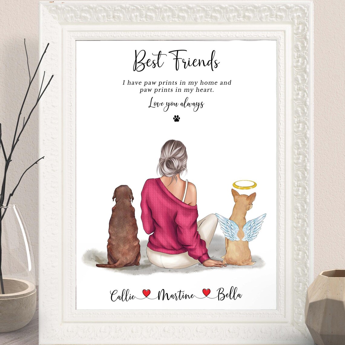 Personalized Woman With Two Dogs Portrait Print Gift for Dog Mom