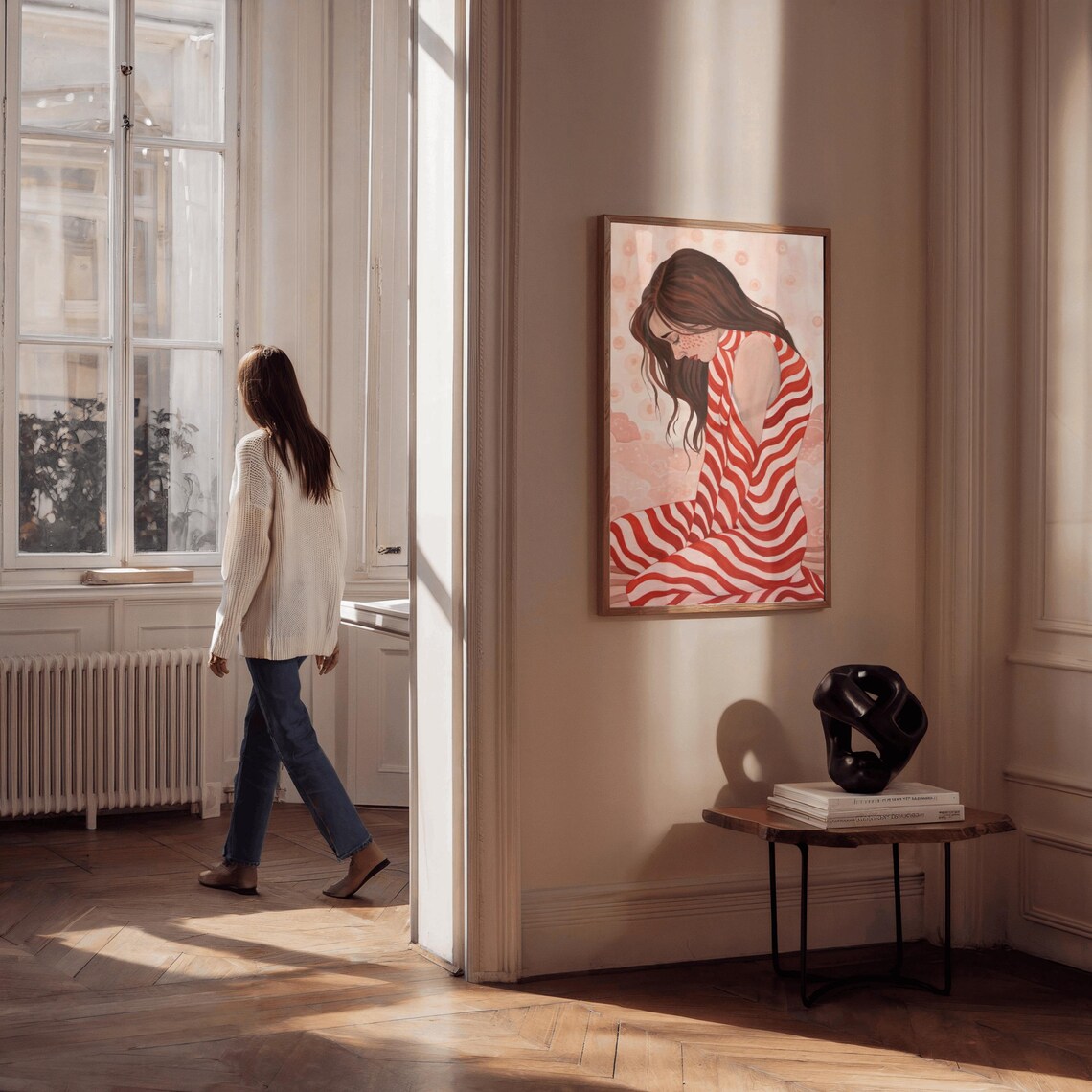 Girl in Red Striped Dress Dreamy Soft Watercolor Portrait Poster - Image 3