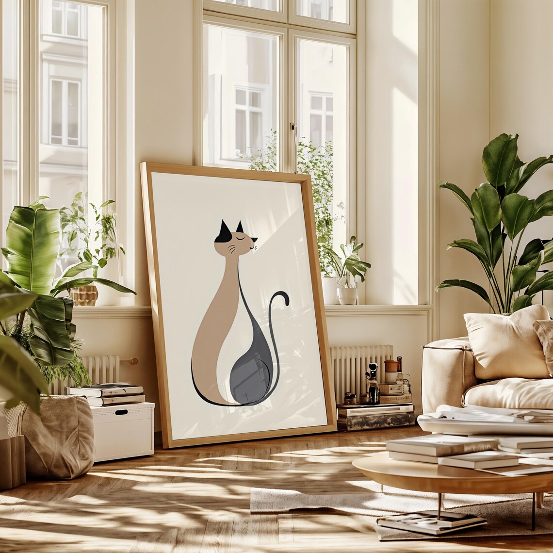 Mid Century Modern Stylized Sitting Cat Beige and Black Art Poster - Image 2