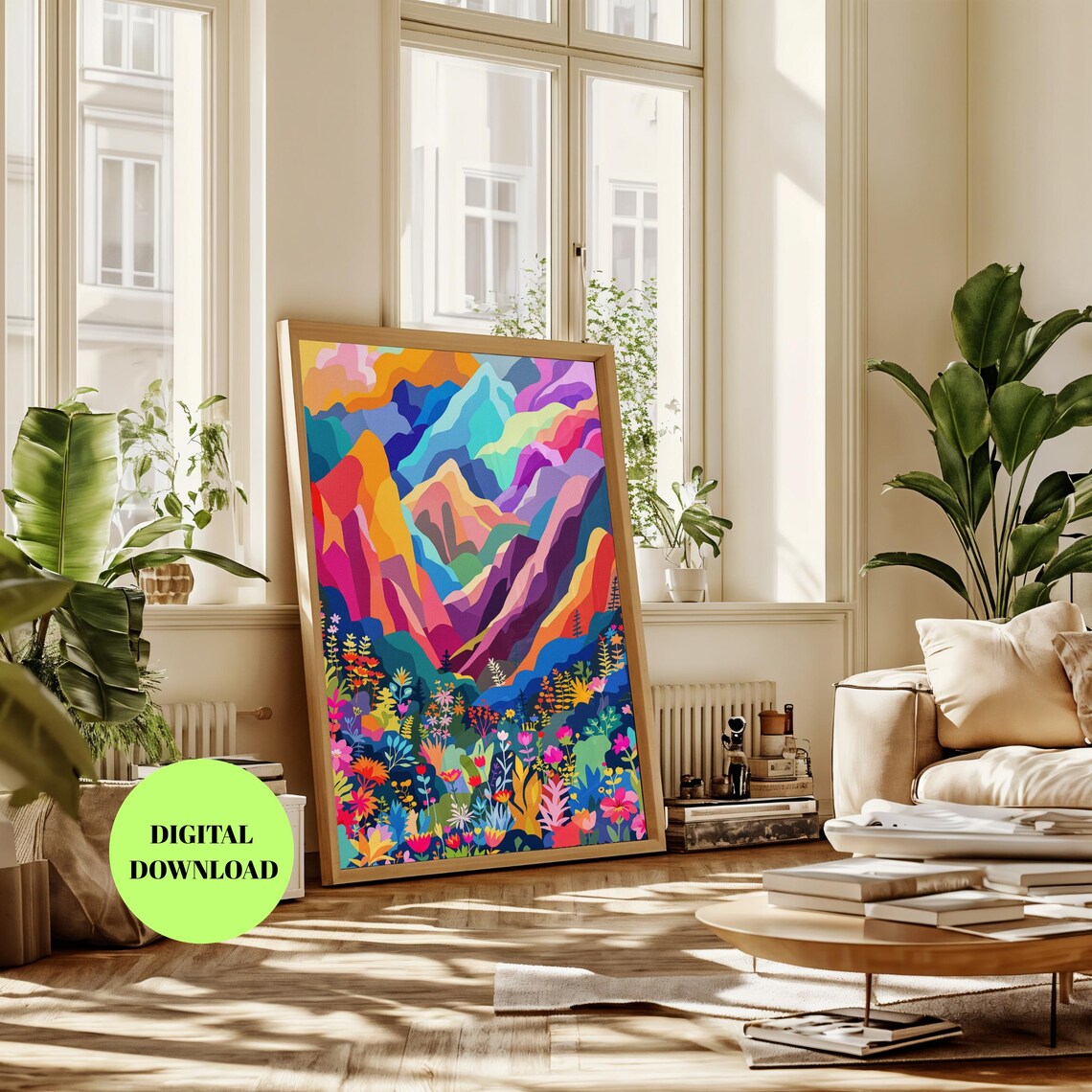 Colorful Mountain Landscape, Bold Boho Botanical Scene - Image 3