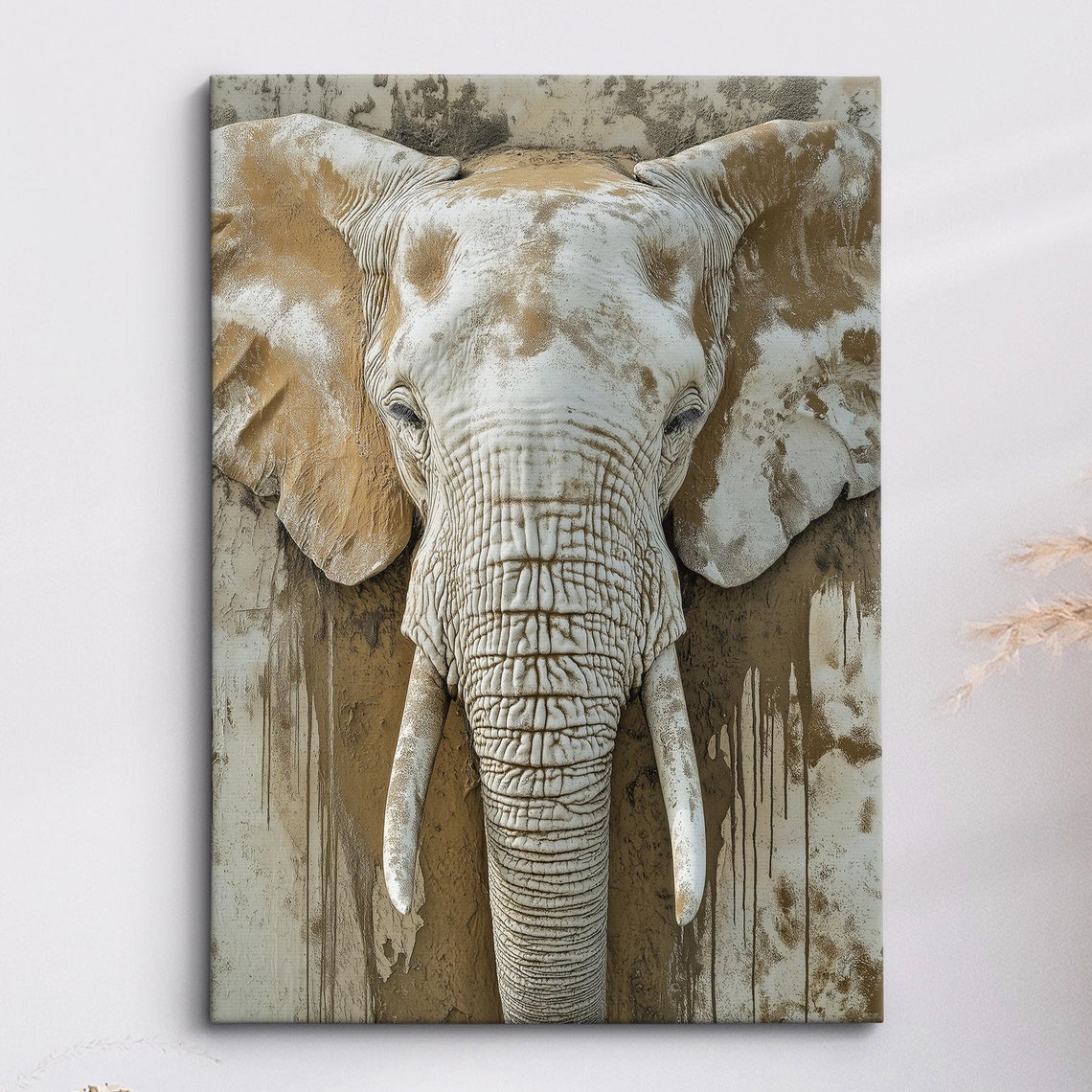 Elephant Head Sepia Neutral Beige Tusks Rustic Textured Wall Poster