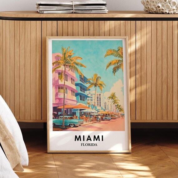Miami Florida Watercolor Poster Vintage Car Art Deco Beach Palms Travel