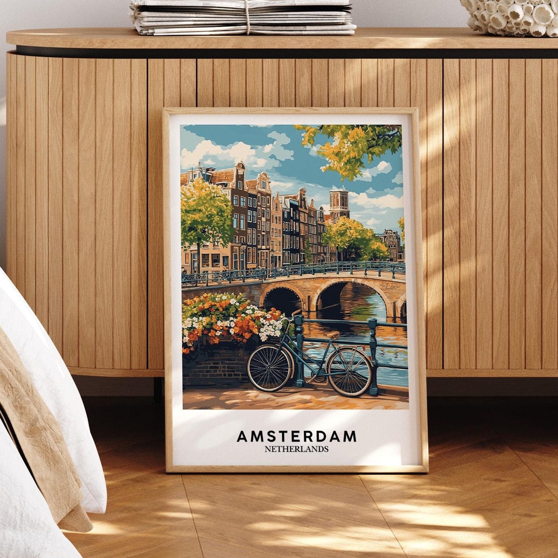Amsterdam Netherlands Canal Bridge Bicycle Floral Travel Poster