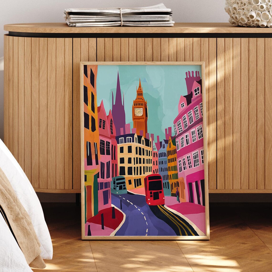London Big Ben Street Scene Pastel Colorful Cityscape Art Poster