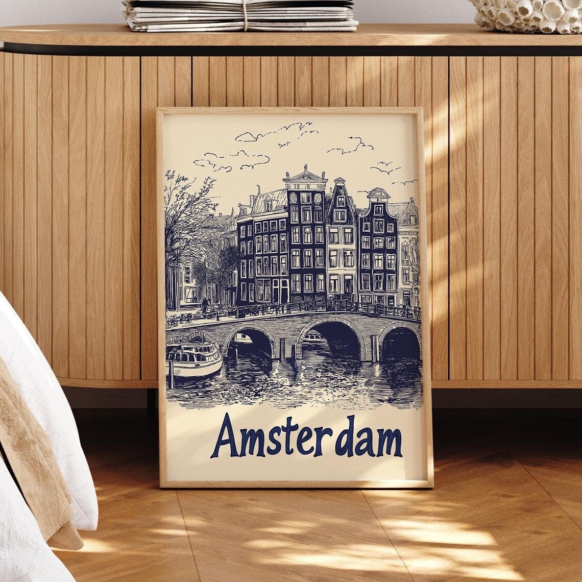 Amsterdam Canal Bridge Netherlands Vintage Navy Line Art Poster