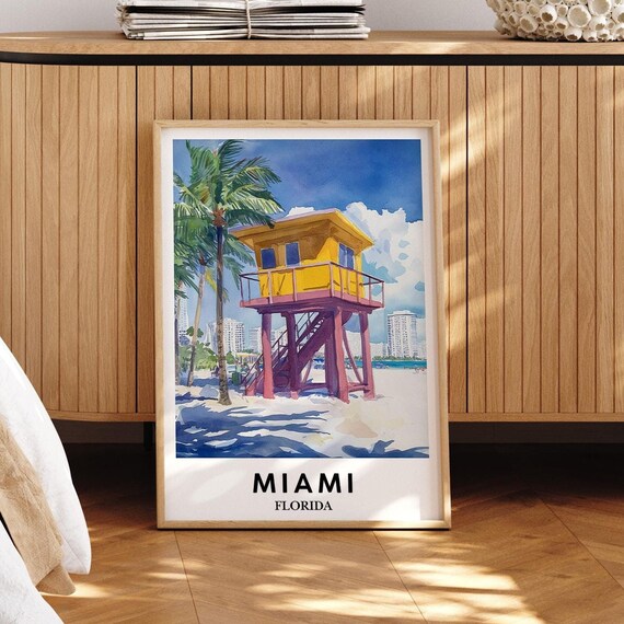 Miami Beach Lifeguard Tower Watercolor Poster Florida Tropical Coast Scene