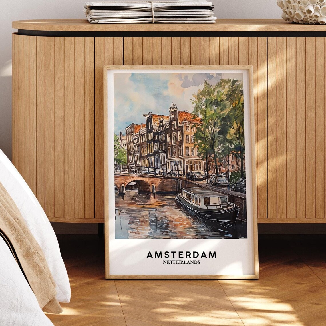 Amsterdam Canal Watercolor Houseboat Bridge Netherlands Travel Poster