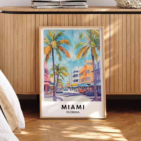 Miami Florida South Beach Watercolor Palms Deco Hotel Poster