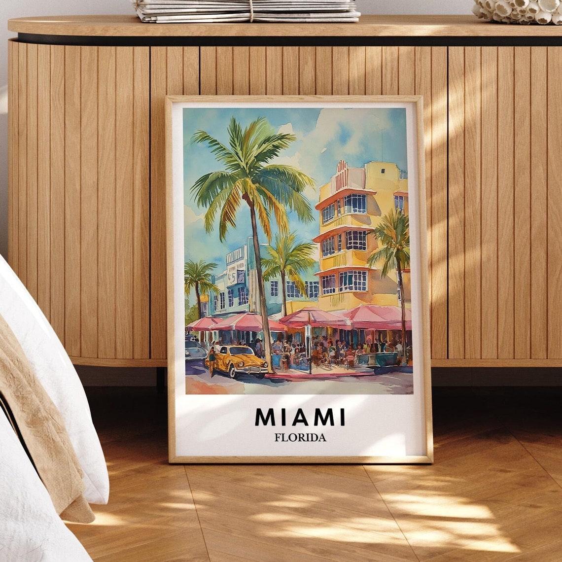 Miami Florida Watercolor Art Deco Cafe Street Pink Umbrella Poster