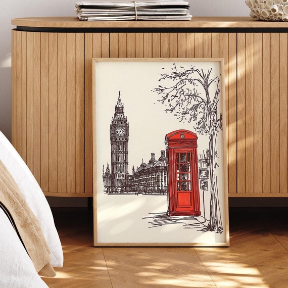London Art Print Big Ben Telephone Booth Minimalist Illustration