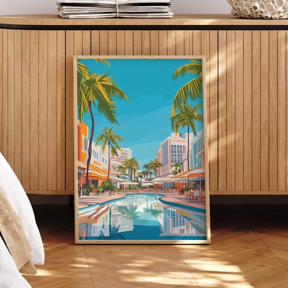 Miami Art Deco Poolside Palms Sunny Retro Florida Travel Poster