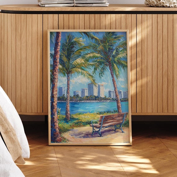 Miami Art Print Tropical Palm Trees Coastal Cityscape Poster