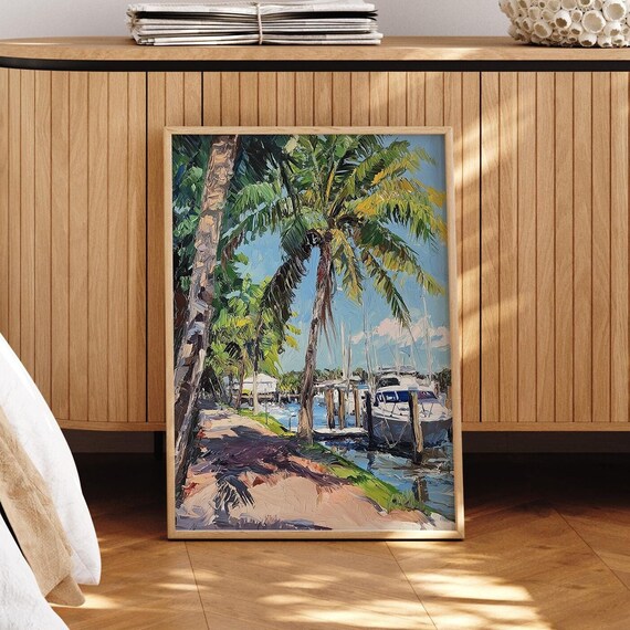 Sunlit Tropical Marina Palm Tree Shaded Path Oil Painting Poster