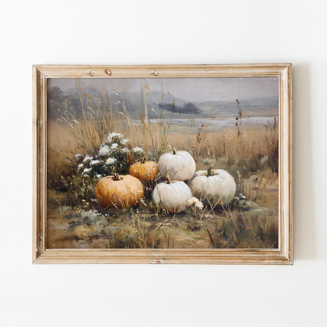 Vintage Pumpkin Field Art Print Rustic Cottage Autumn Decor