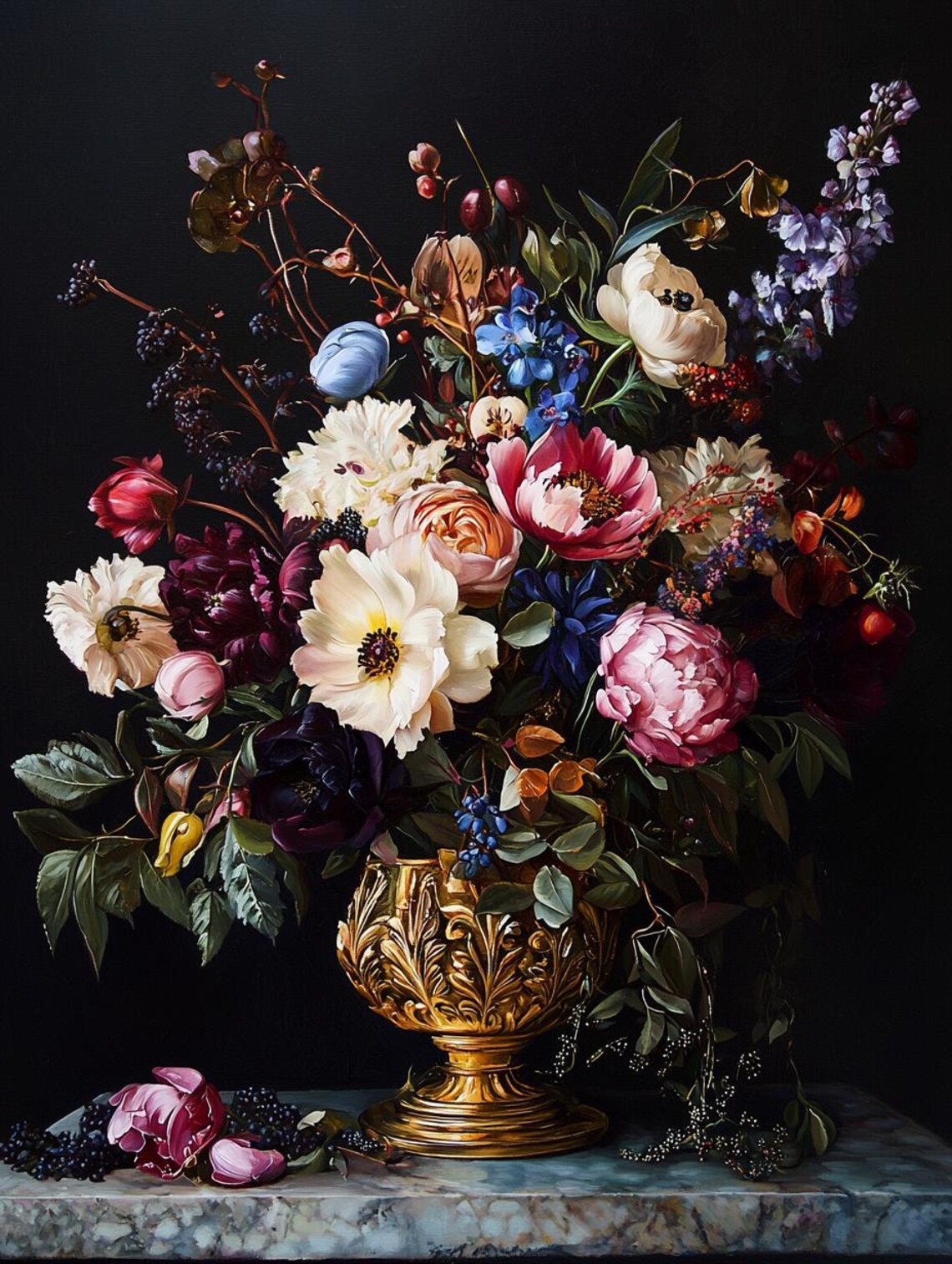 Moody Dutch Floral Bouquet Golden Urn Black Still Life Poster