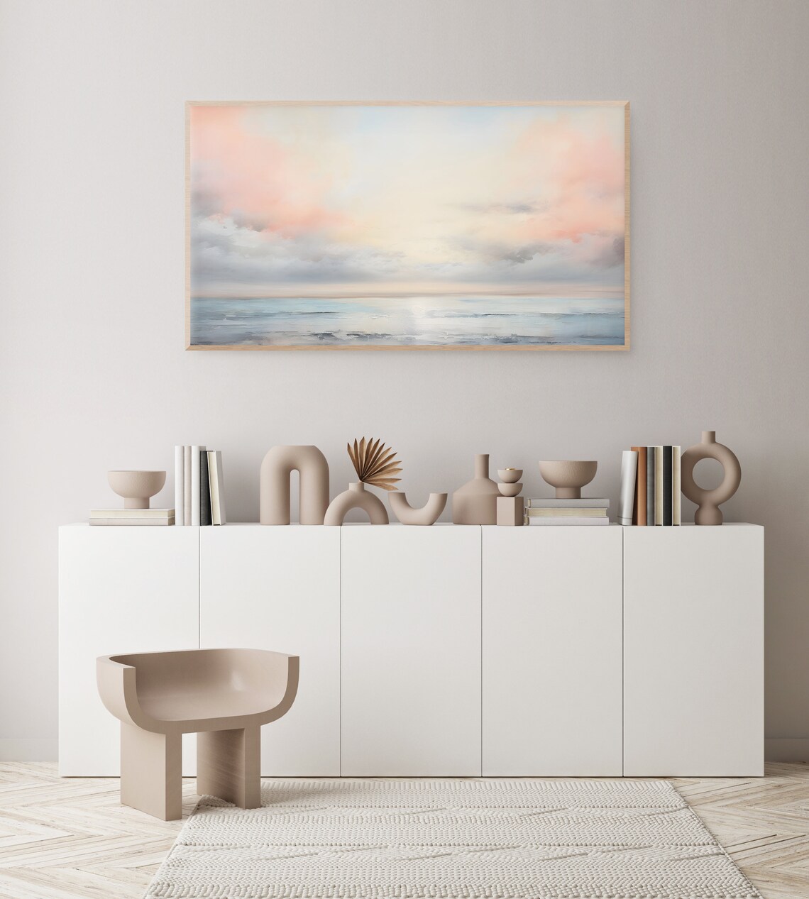 Pastel Pink Sky Over Calm Ocean Watercolor Sunset Seascape Poster - Image 2