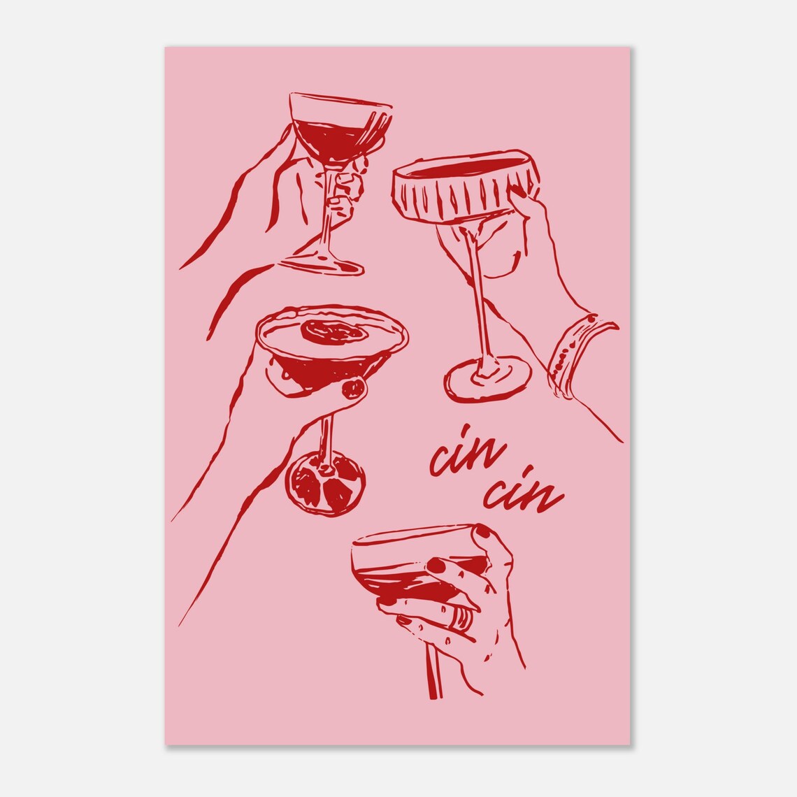 Red Line Art Cin Cin Cocktail Toast Girls Night Illustration Poster - Image 2