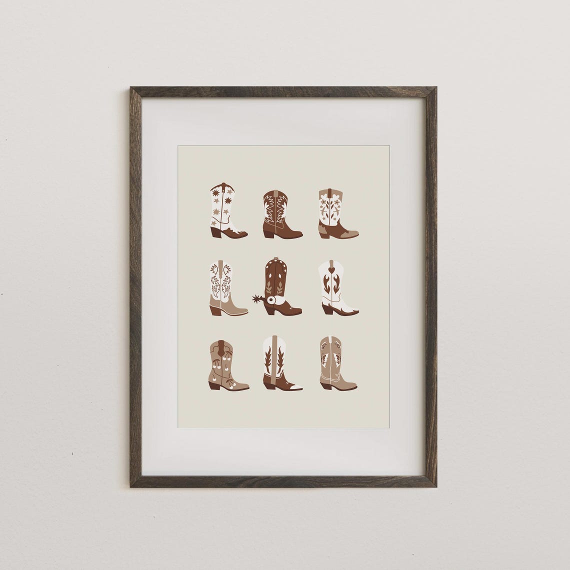Nine Illustrated Cowgirl Boots Grid Brown Western Retro Wall Art - Image 4
