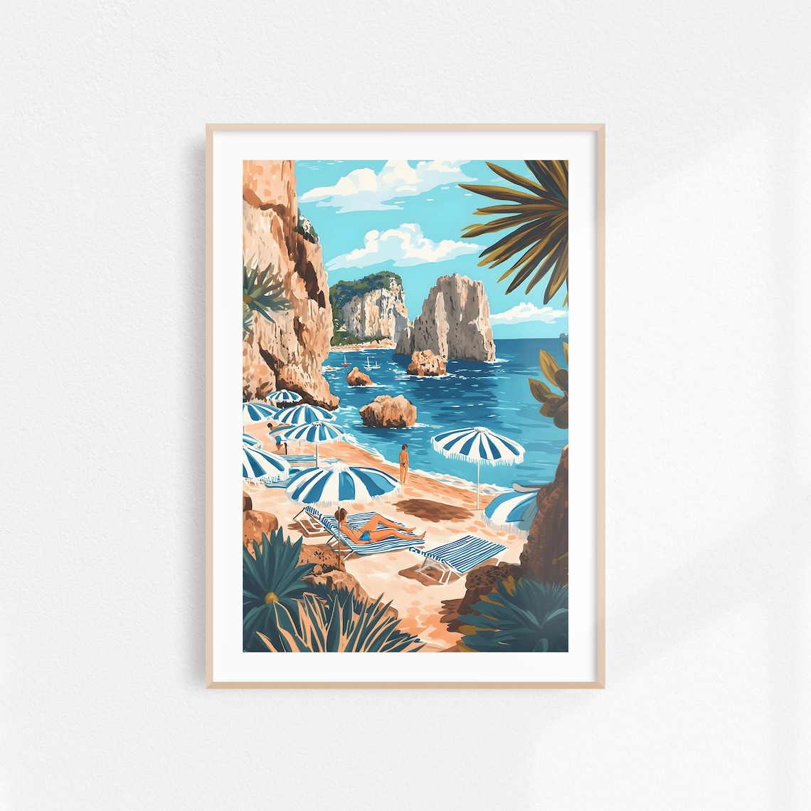 Capri Beach Faraglioni Rocks Striped Umbrellas Italy Travel Poster