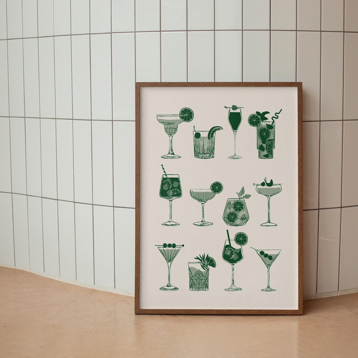 Green Cocktails Retro Bar Cart Art Print - Image 2
