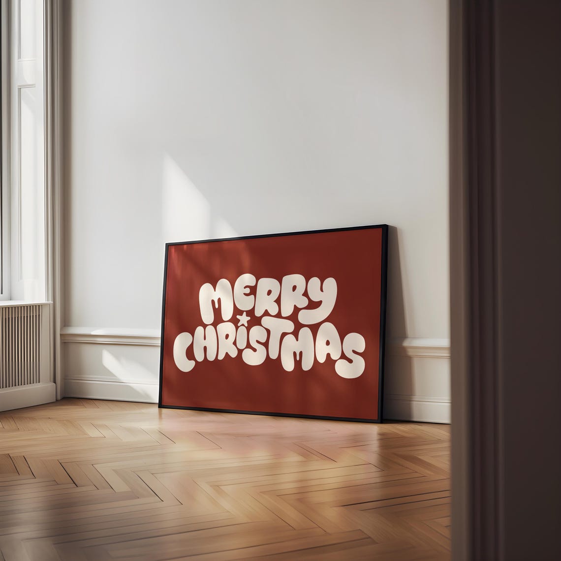 Retro Merry Christmas Bubble Letter Dark Red Holiday Wall Poster - Image 2