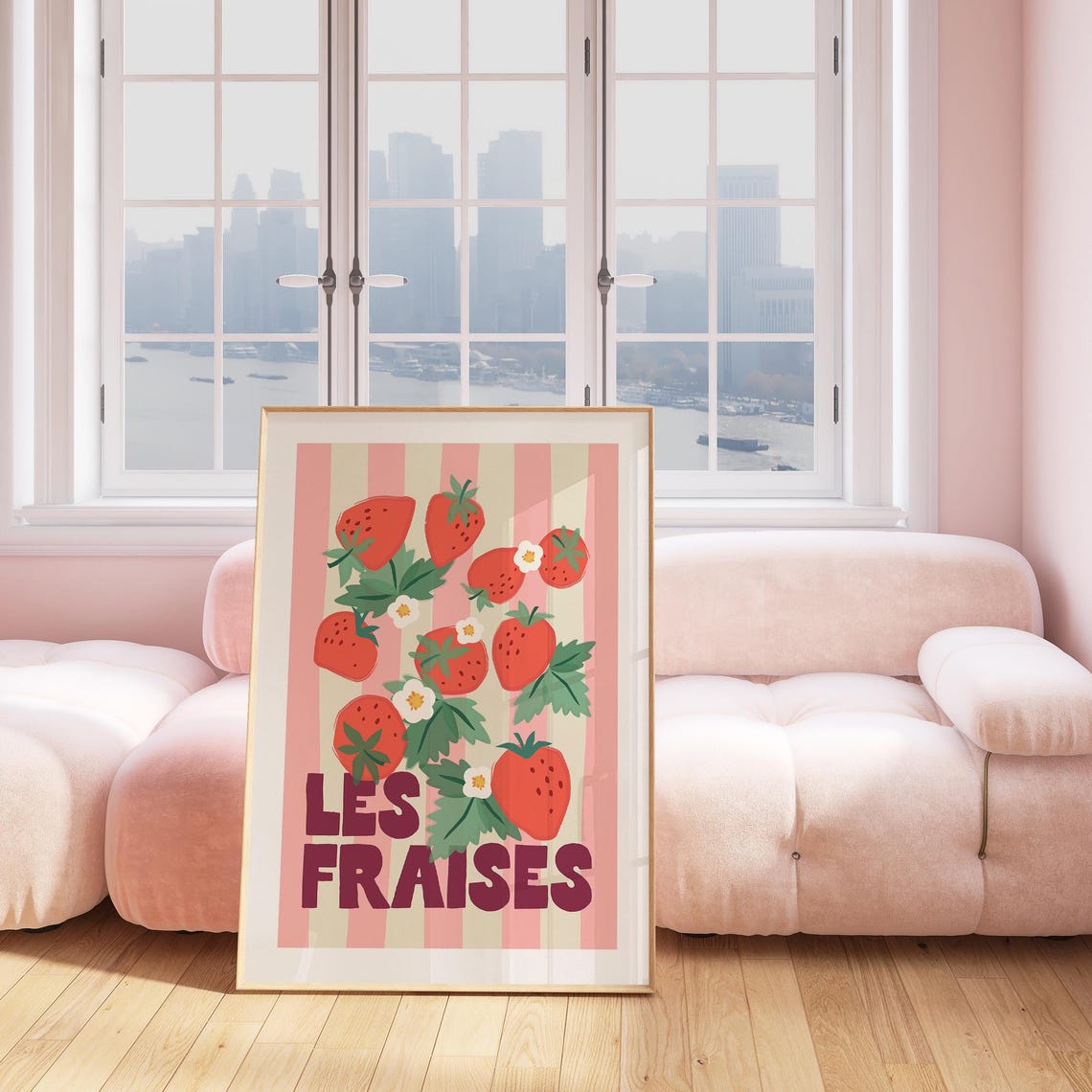 Les Fraises Strawberry Blossom Illustration on Pink Kitchen Poster - Image 2