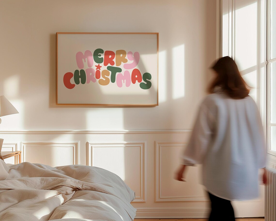 Merry Christmas Retro Bubble Letters Colorful Holiday Art Poster - Image 3