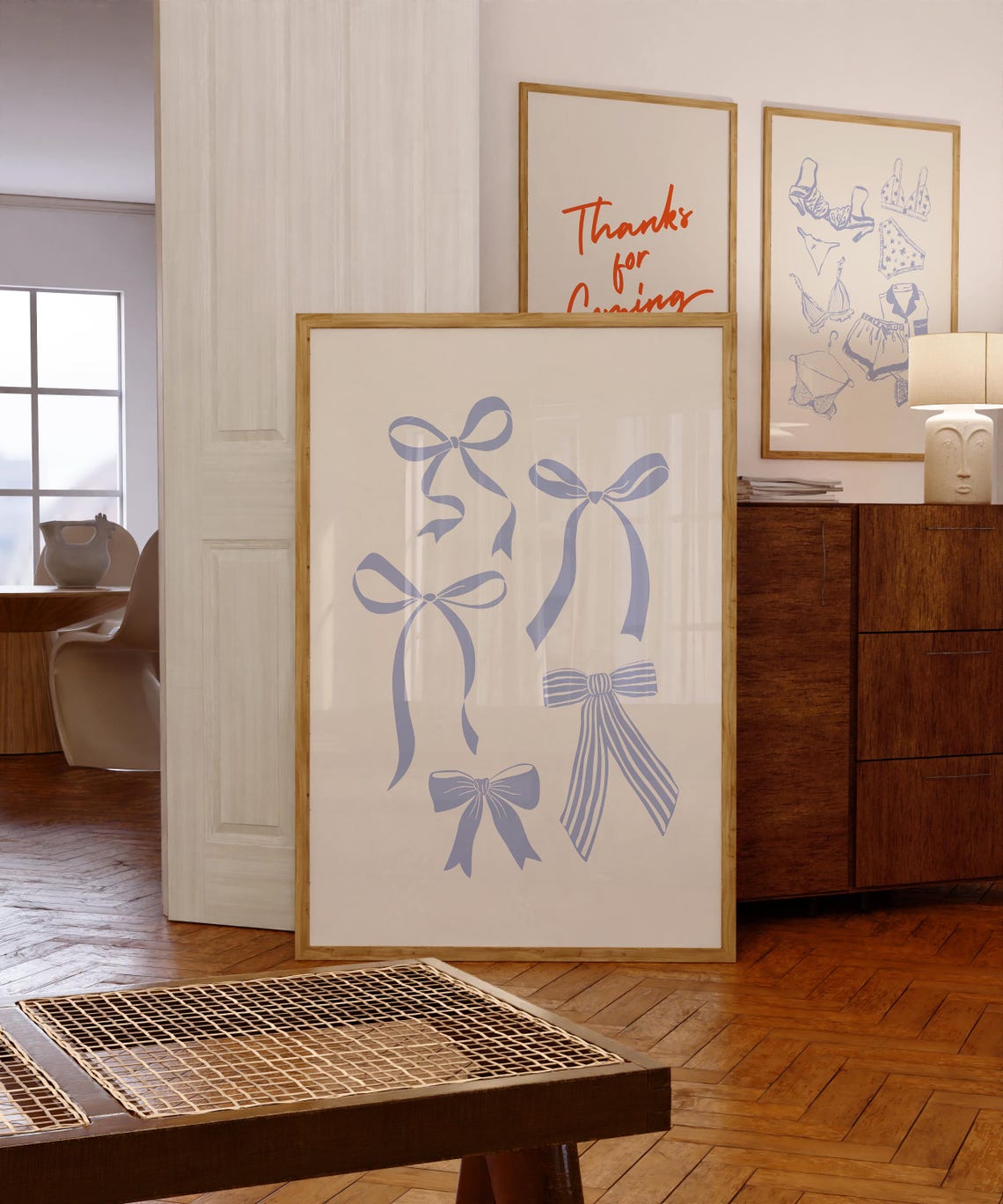 Dusty Blue Coquette Bow Collection Neutral Nursery Art Poster