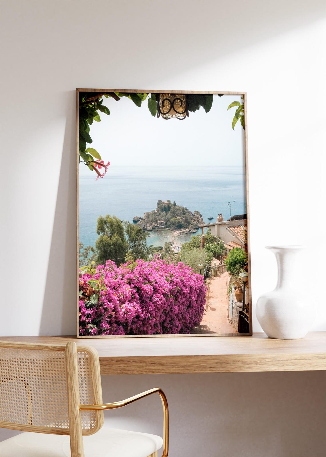 Taormina Sicily Isola Bella Pink Bougainvillea Sea View Poster - Image 2