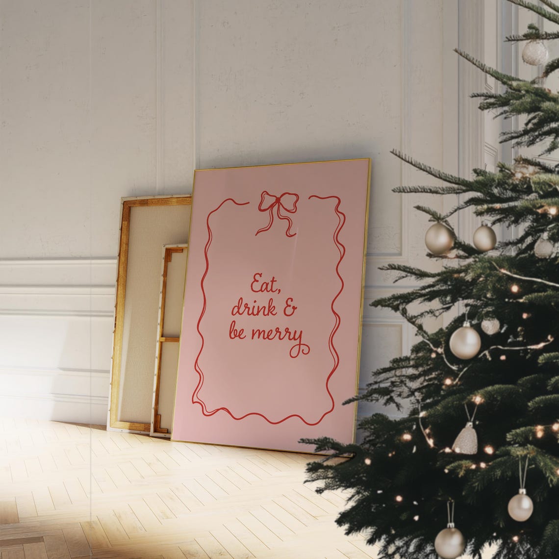Eat Drink Be Merry Blush Script Bow Dark Green Christmas Wall Art - Image 3