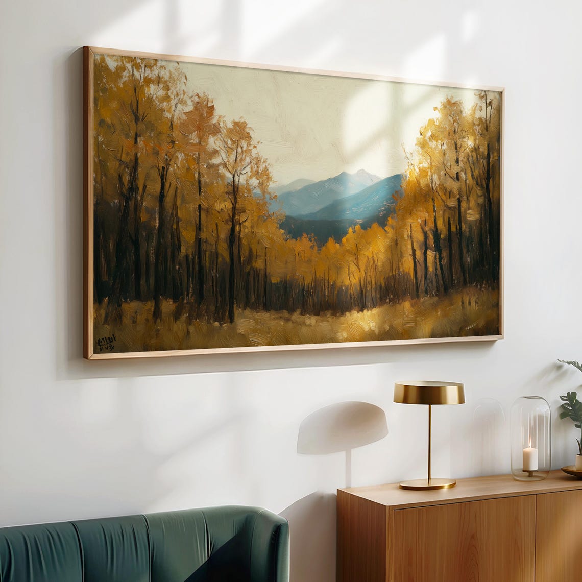 Golden Fall Trees Framing Blue Mountain Range Landscape Poster