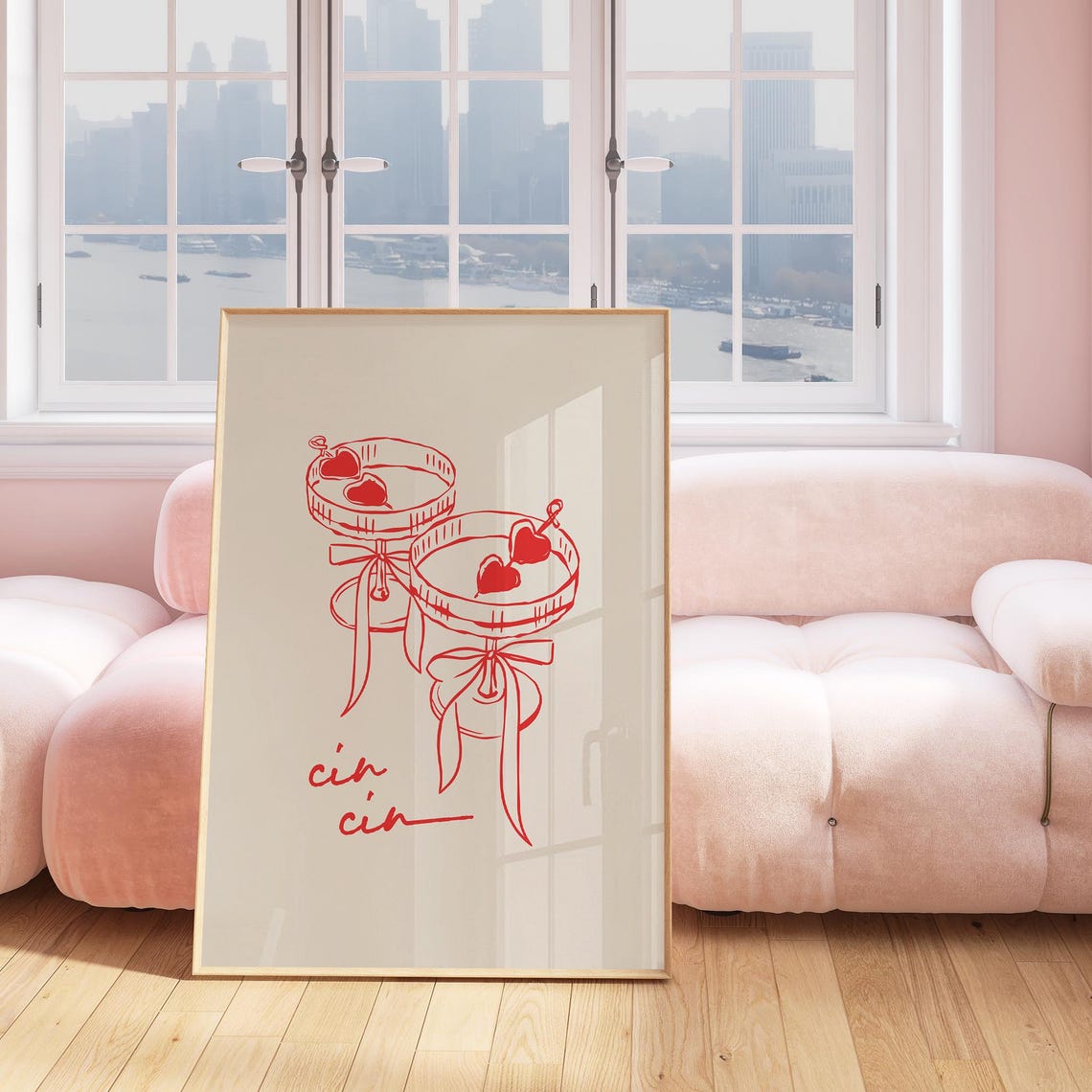Cin Cin Red Line Drawing Champagne Coupes Modern Bar Art Poster - Image 3