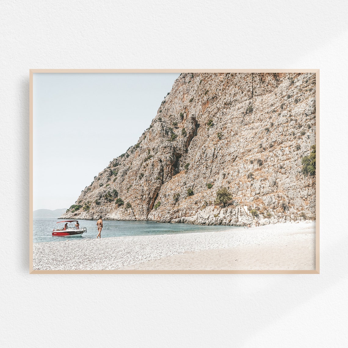 Rocky Mediterranean Cove With Boat and Pebble Beach Travel Poster