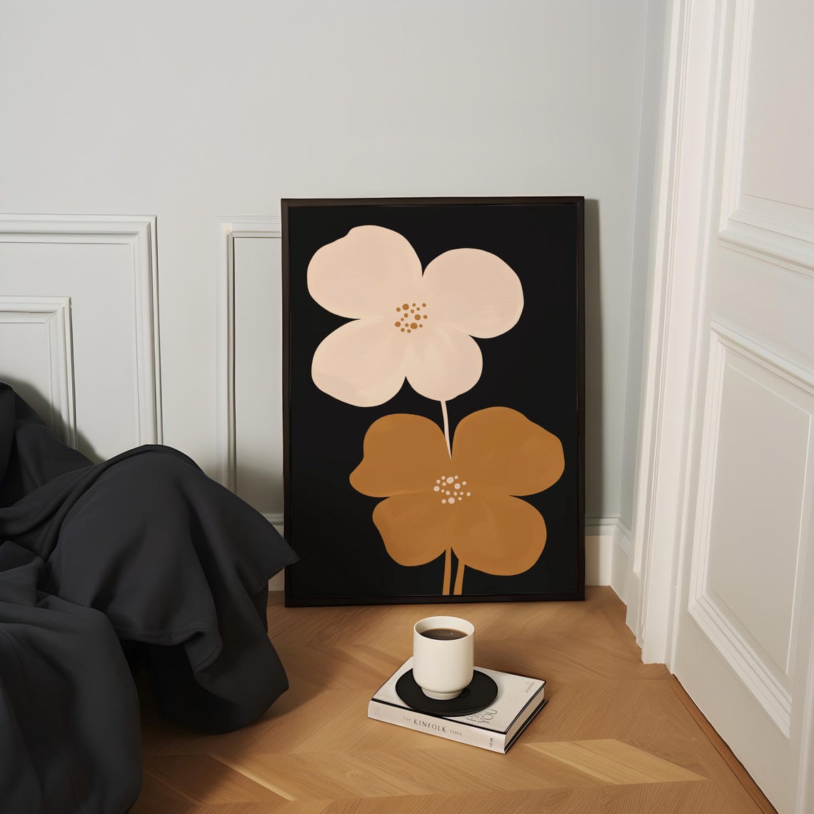 Oversized Blush Mustard Flowers Black Background Moody Floral Poster - Image 2