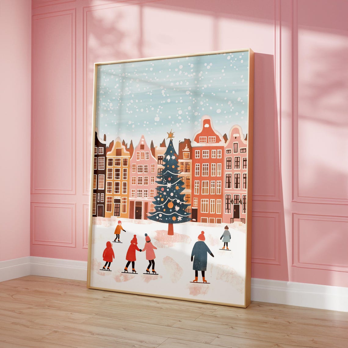 Retro Christmas Wall Art Cute Christmas Art Winter Village Print Cozy Season Pink Christmas Wall Art 11x14 12x16 16x20 18x24 - Image 4
