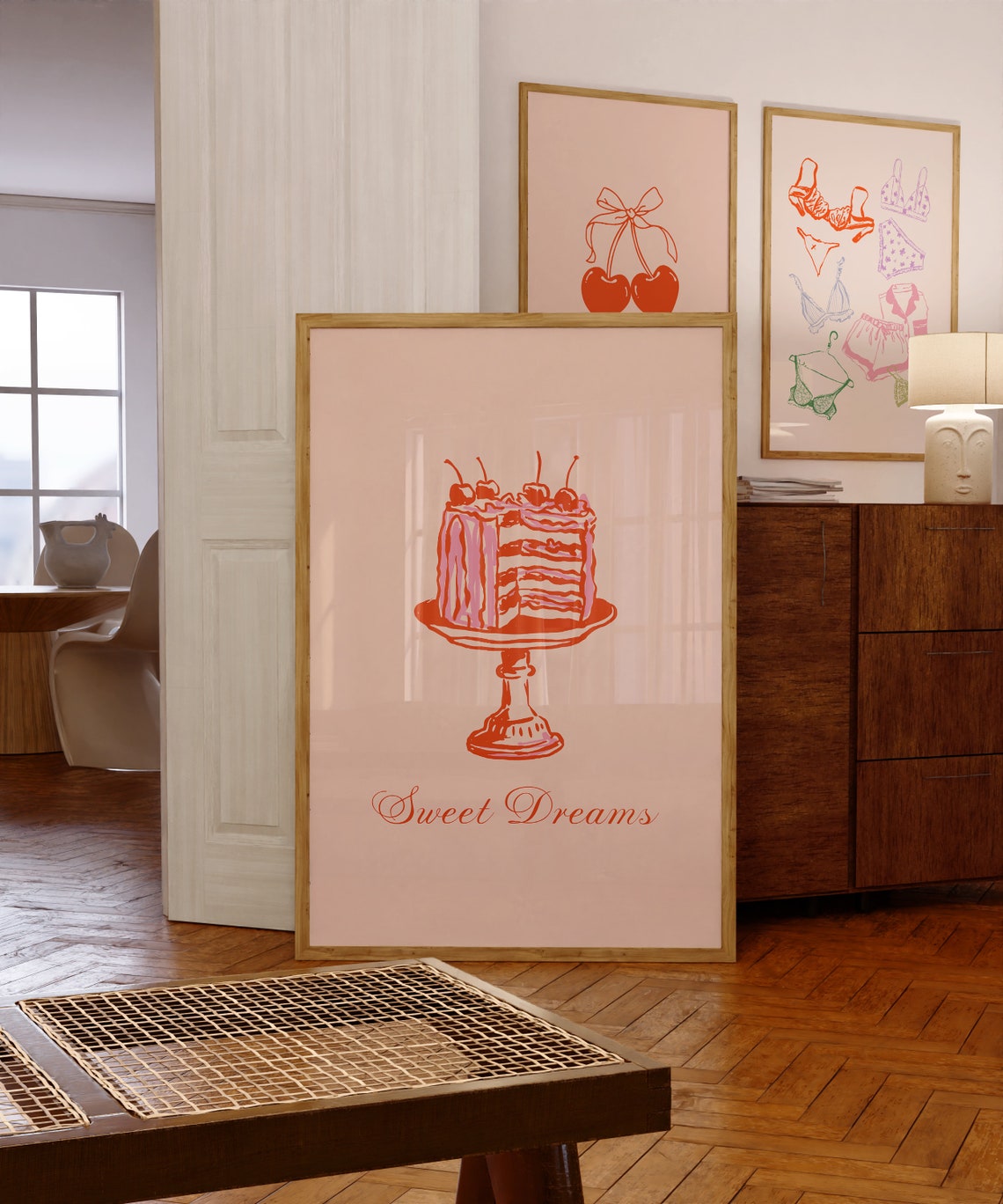 Sweet Dreams Layered Cherry Cake Script Coquette Kitchen Poster - Image 3