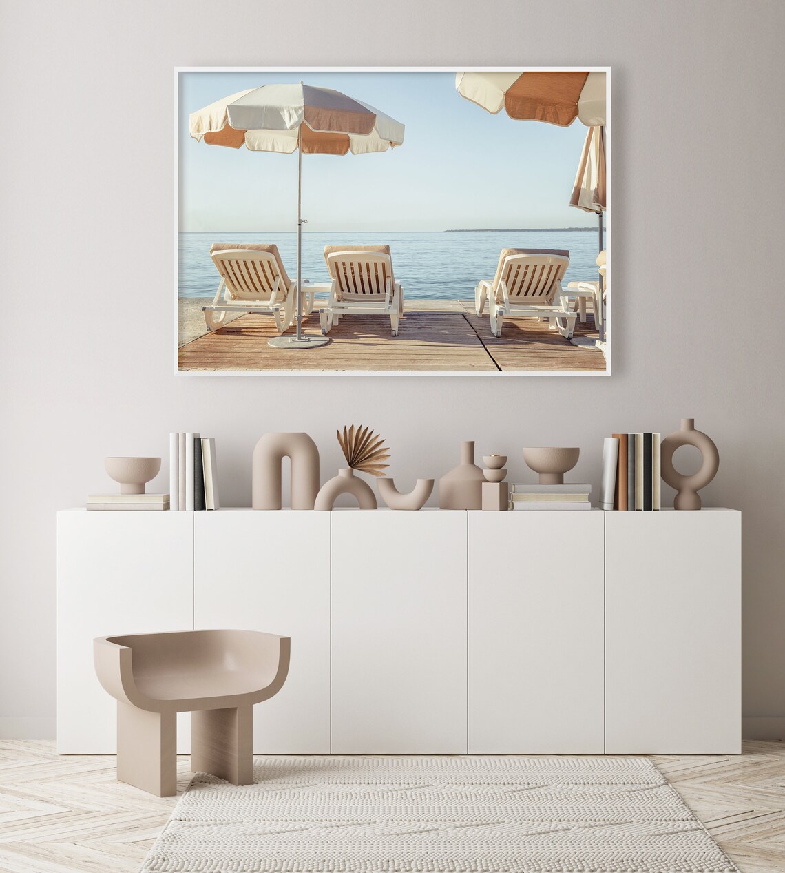Italy Beach Sun Loungers Striped Umbrellas Wooden Deck Poster - Image 2