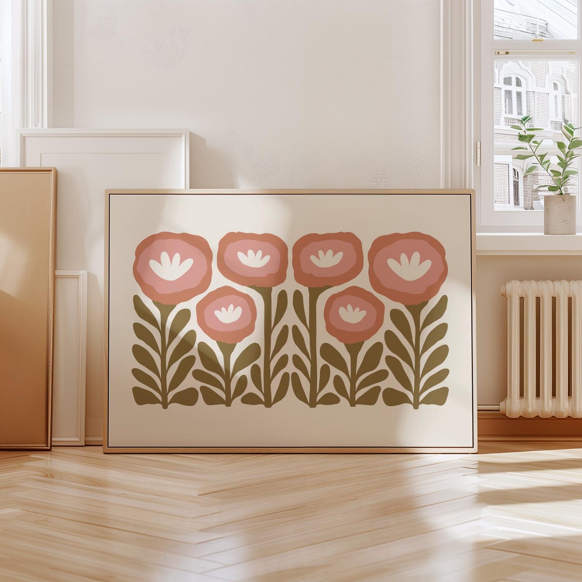 Terracotta Pink Blooms Olive Stems Cream Retro Floral Decor Poster - Image 6
