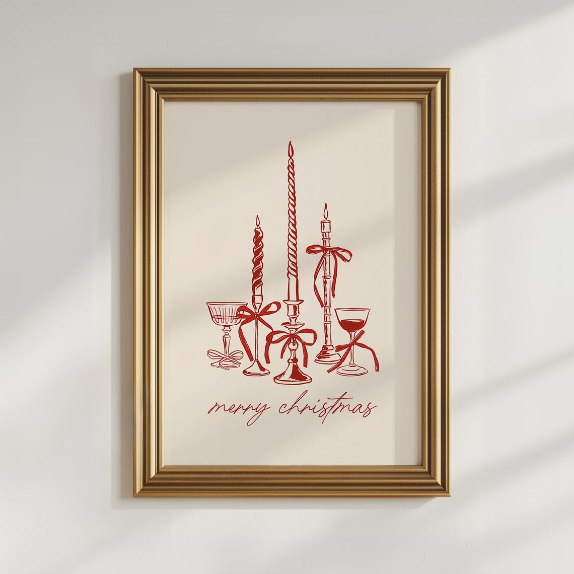 Merry Christmas Candle Bow Line Art Coquette Red Holiday Art Poster