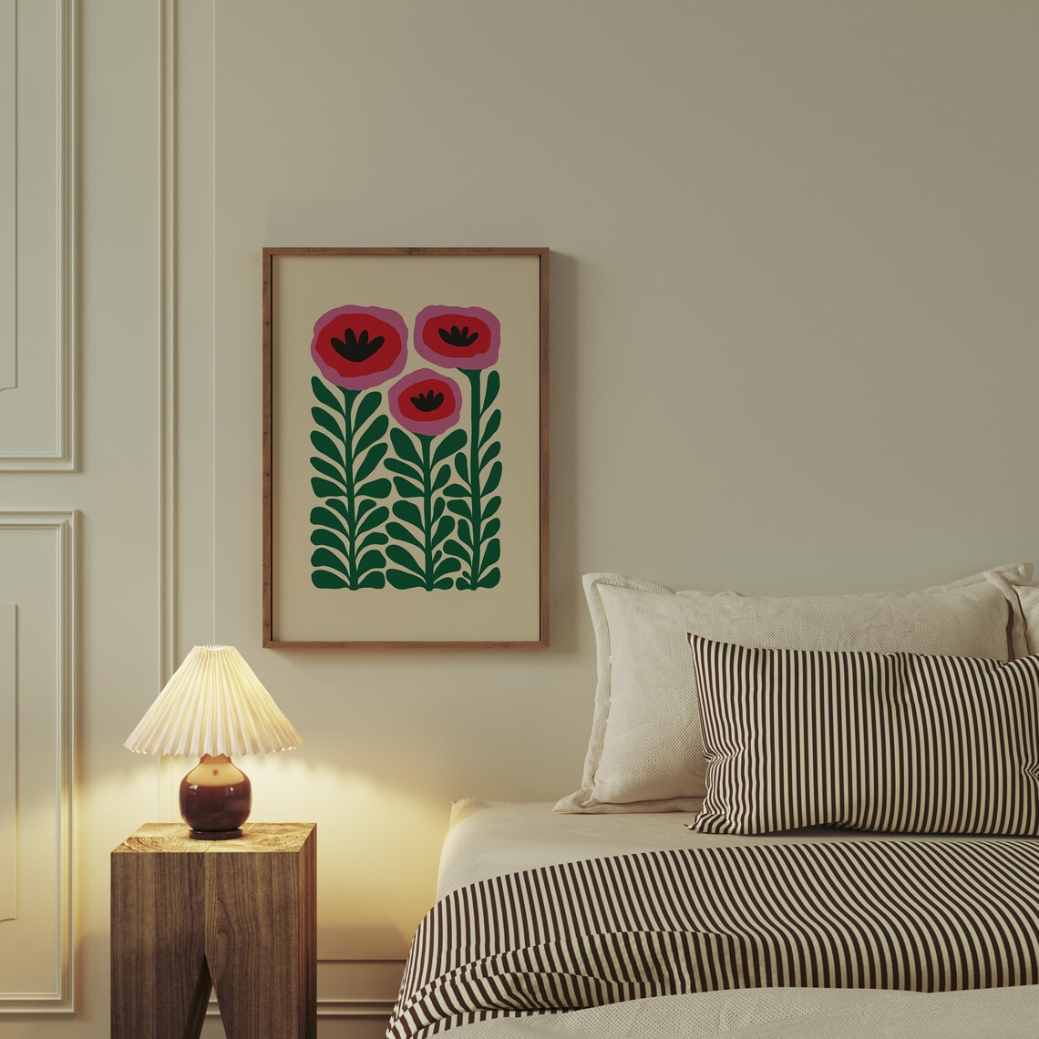 Bold Red Pink Flowers Green Stems Cream Mid Century Art Poster - Image 3