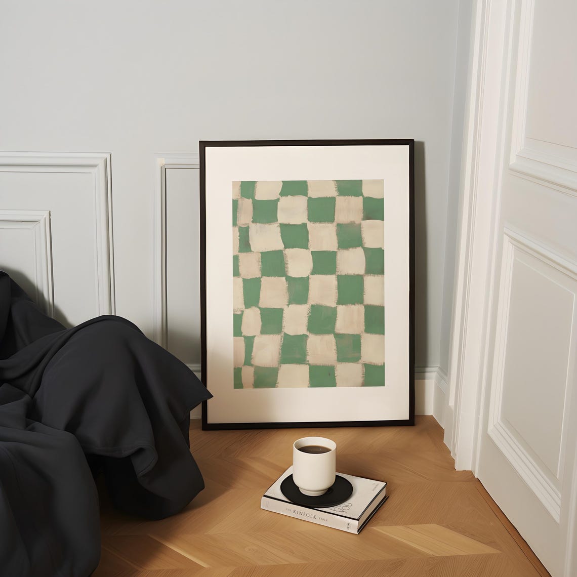 Hand Painted Green White Checkered Modern Abstract Art Poster - Image 2