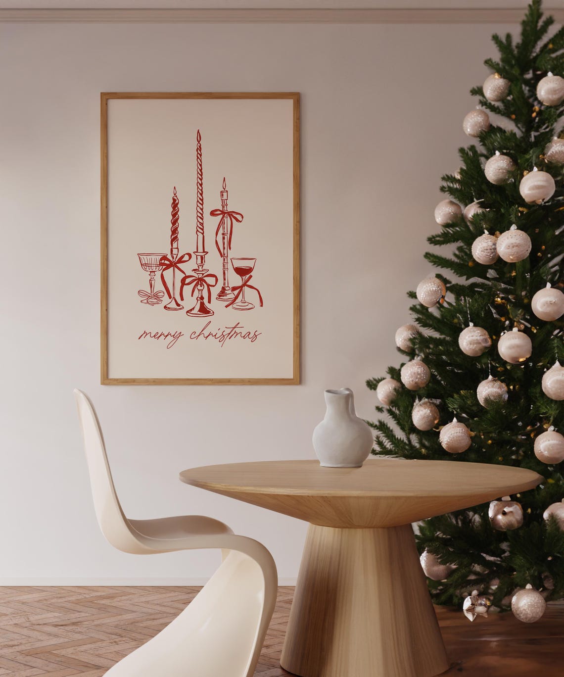 Merry Christmas Candle Bow Line Art Coquette Red Holiday Art Poster - Image 6