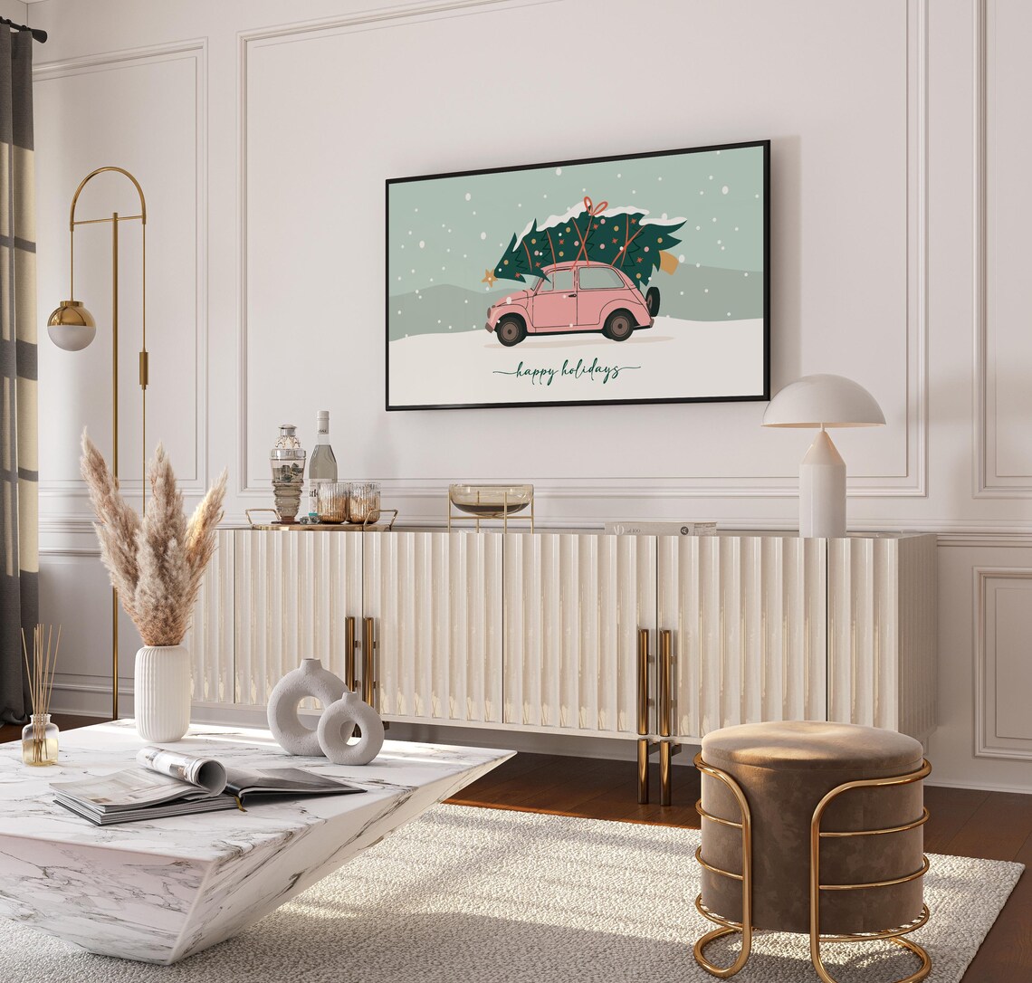 Happy Holidays Pink Vintage Car Christmas Tree Winter Art Poster - Image 2