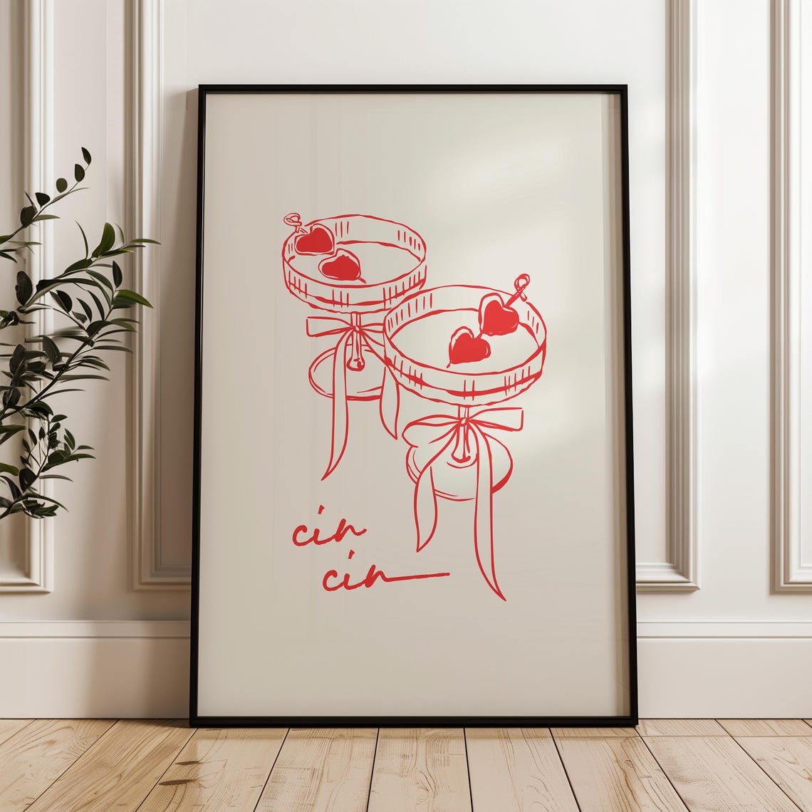 Cin Cin Red Line Drawing Champagne Coupes Modern Bar Art Poster