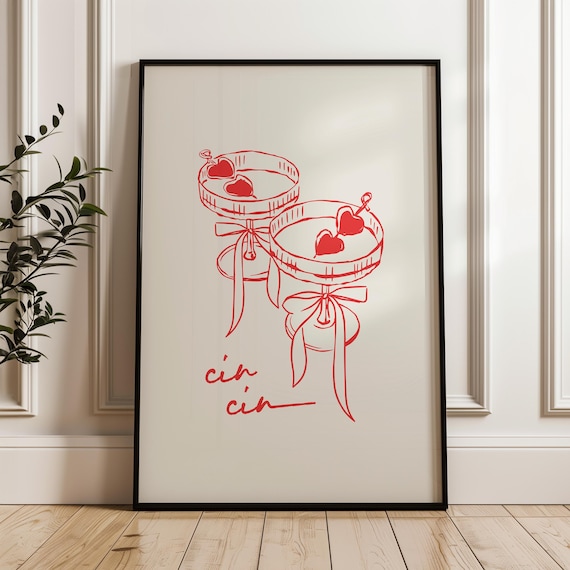 Cin Cin Red Line Drawing Champagne Coupes Modern Bar Art Poster