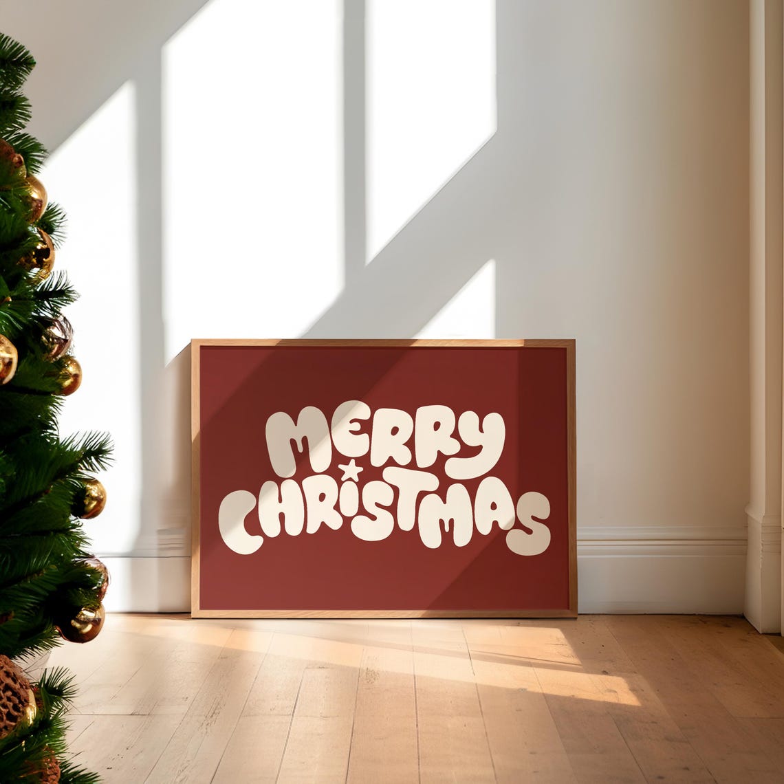 Retro Merry Christmas Bubble Letter Dark Red Holiday Wall Poster - Image 6
