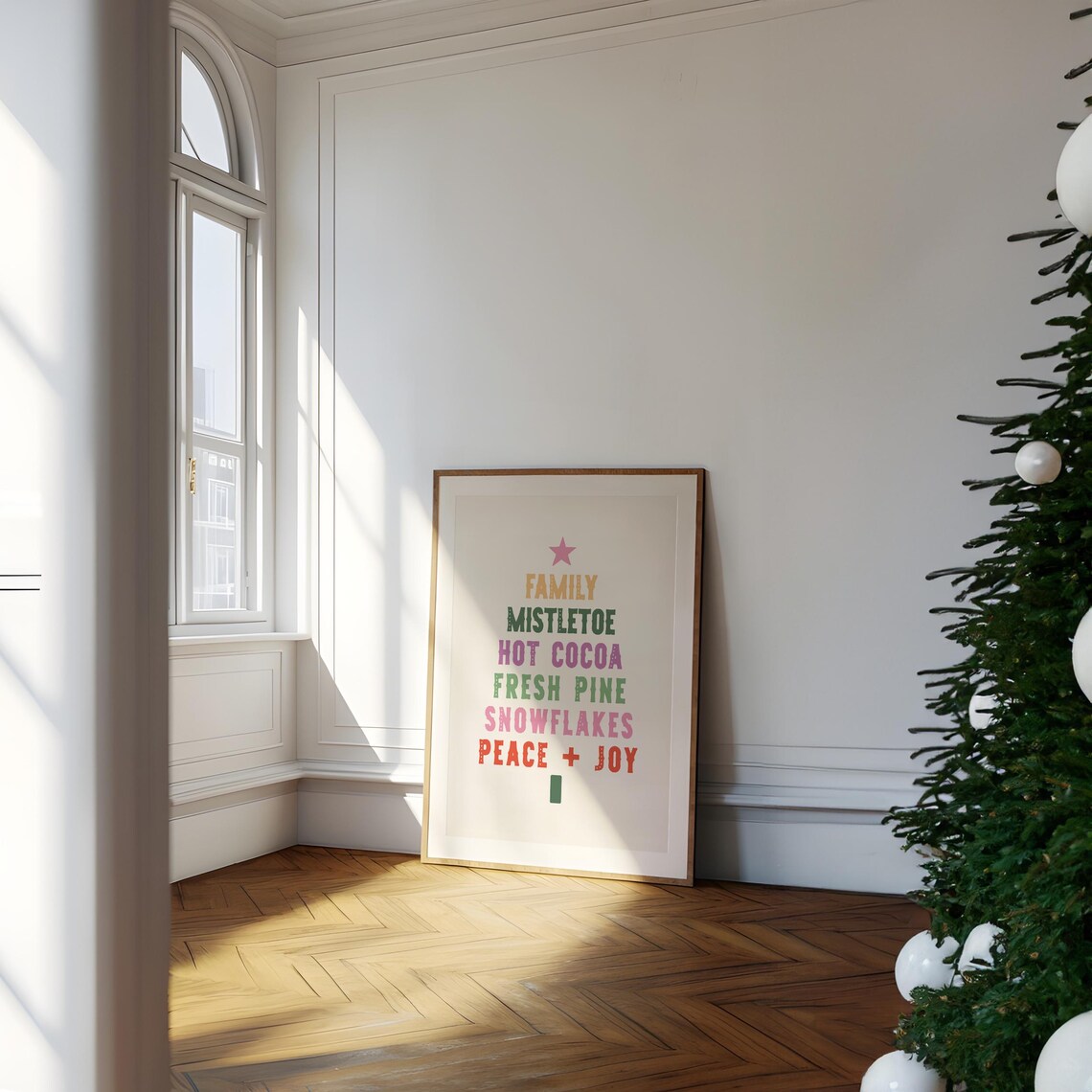 Cream Christmas Tree Word Art Pastel Peace Joy Star Holiday Poster - Image 4
