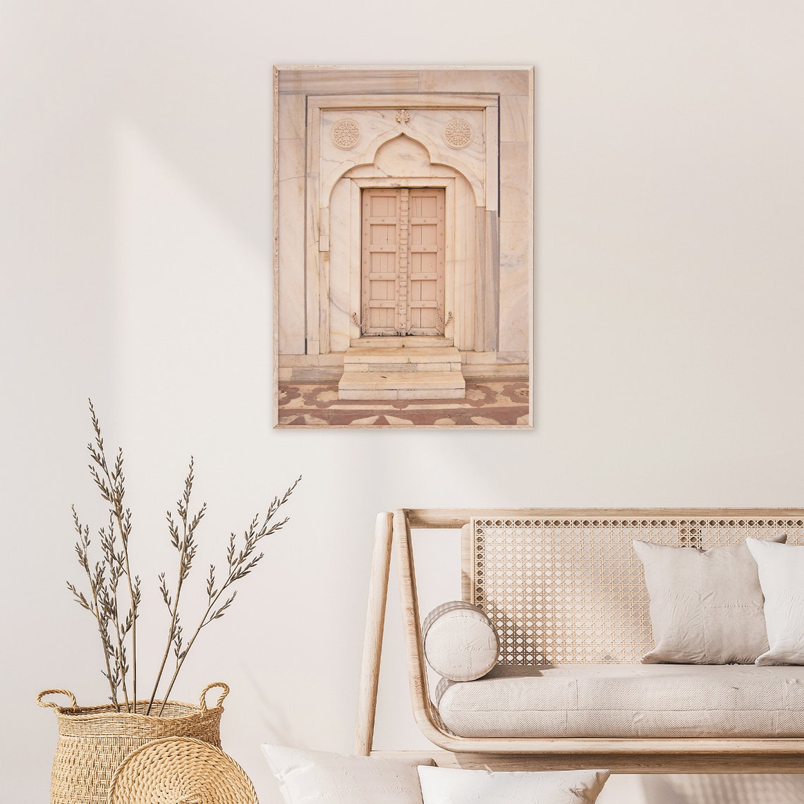 Ornate Marble Doorway with Pink Wooden Doors in Morocco Poster - Image 2