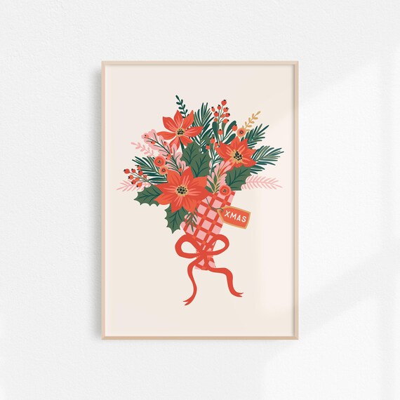Christmas Poinsettia Bouquet with Xmas Tag Floral Art Poster